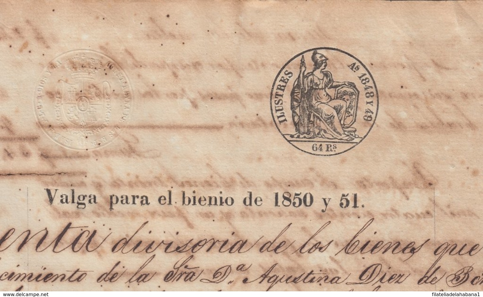 1850-PS-74 SPAIN ANTILLES CUBA REVENUE SEALLED PAPER. HABILITADO PARA 1850-51. SELLO ILUSTRES. - Timbres-taxe
