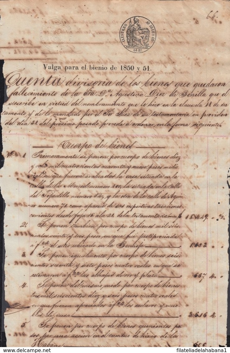 1850-PS-74 SPAIN ANTILLES CUBA REVENUE SEALLED PAPER. HABILITADO PARA 1850-51. SELLO ILUSTRES. - Strafport