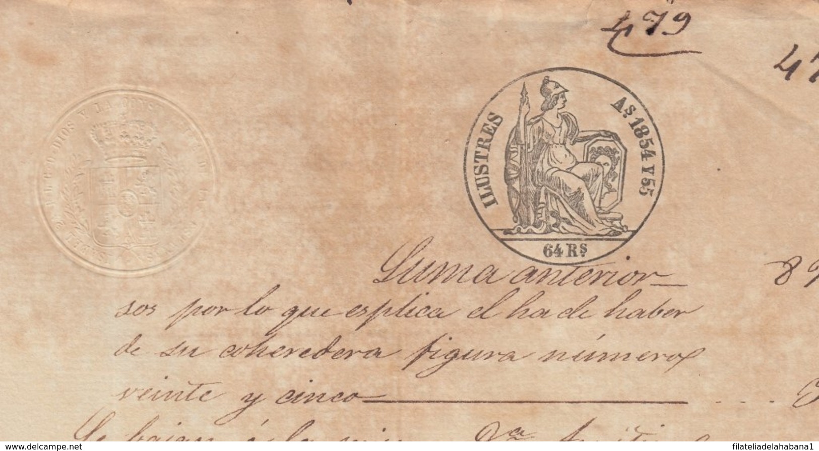 1854-PS-70 SPAIN ANTILLES CUBA PUERTO RICO REVENUE SEALLED PAPER. 1854-55. ILUSTRES. - Timbres-taxe