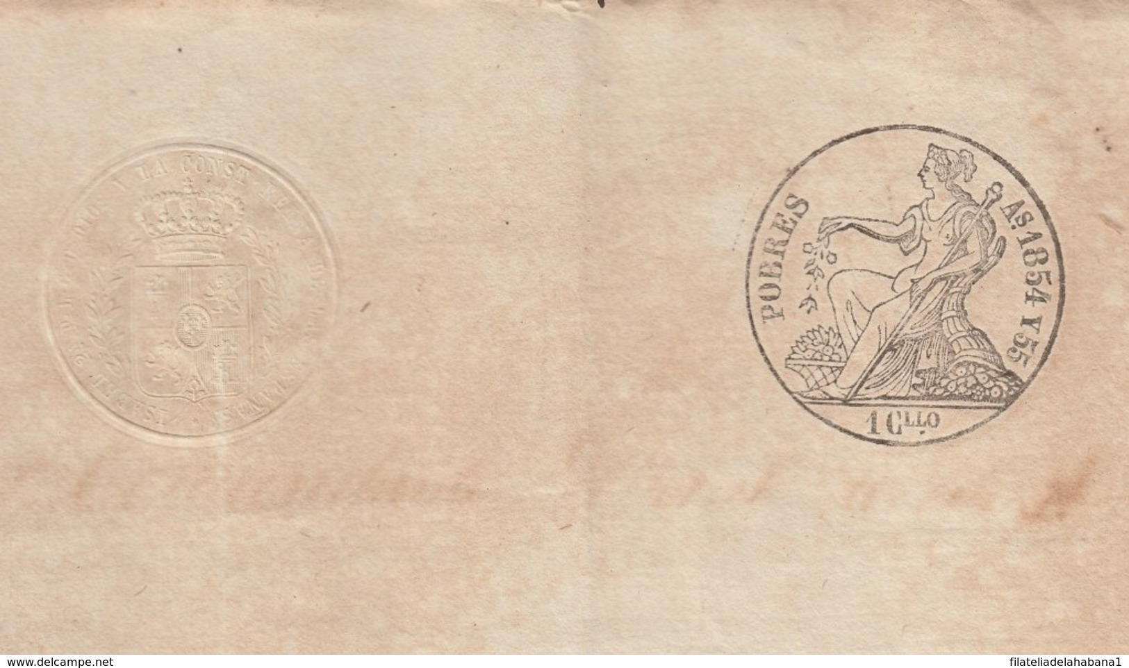 1854-PS-73 SPAIN ANTILLES CUBA PUERTO RICO REVENUE SEALLED PAPER. 1854-55. SELLO POBRES UNUSED - Portomarken