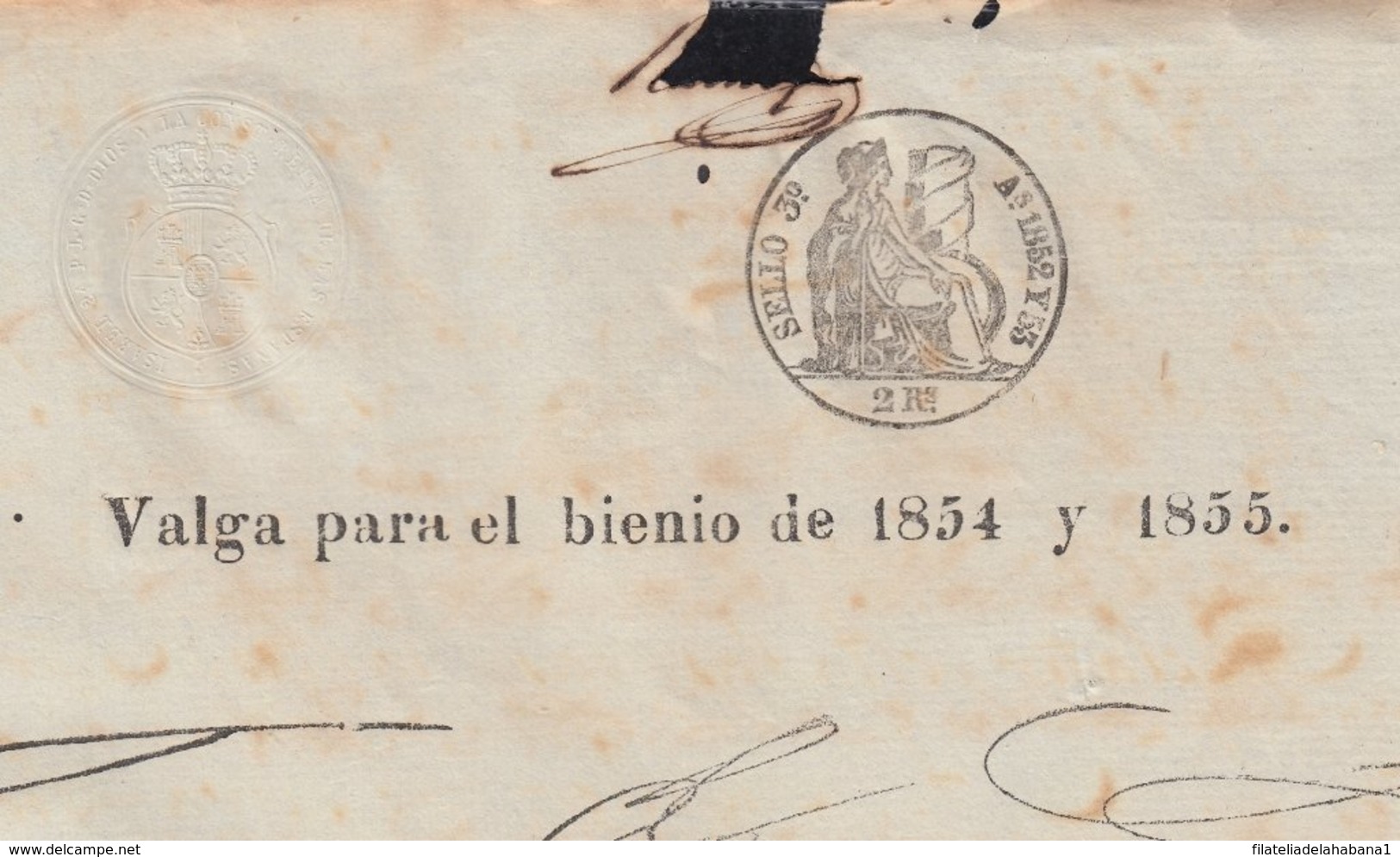 1854-PS-74 SPAIN ANTILLES CUBA REVENUE SEALLED PAPER. HABILITADO PARA 1854-55. SELLO 3ro. - Timbres-taxe