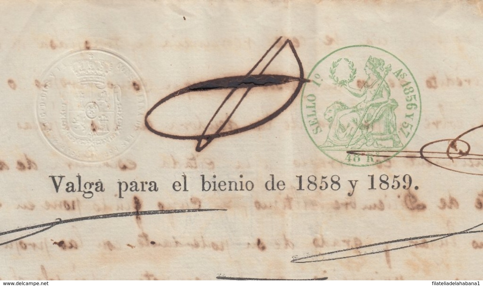 1858-PS-70 SPAIN ANTILLES CUBA REVENUE SEALLED PAPER. HABILITADO PARA 1858-59. SELLO 1ro. - Timbres-taxe
