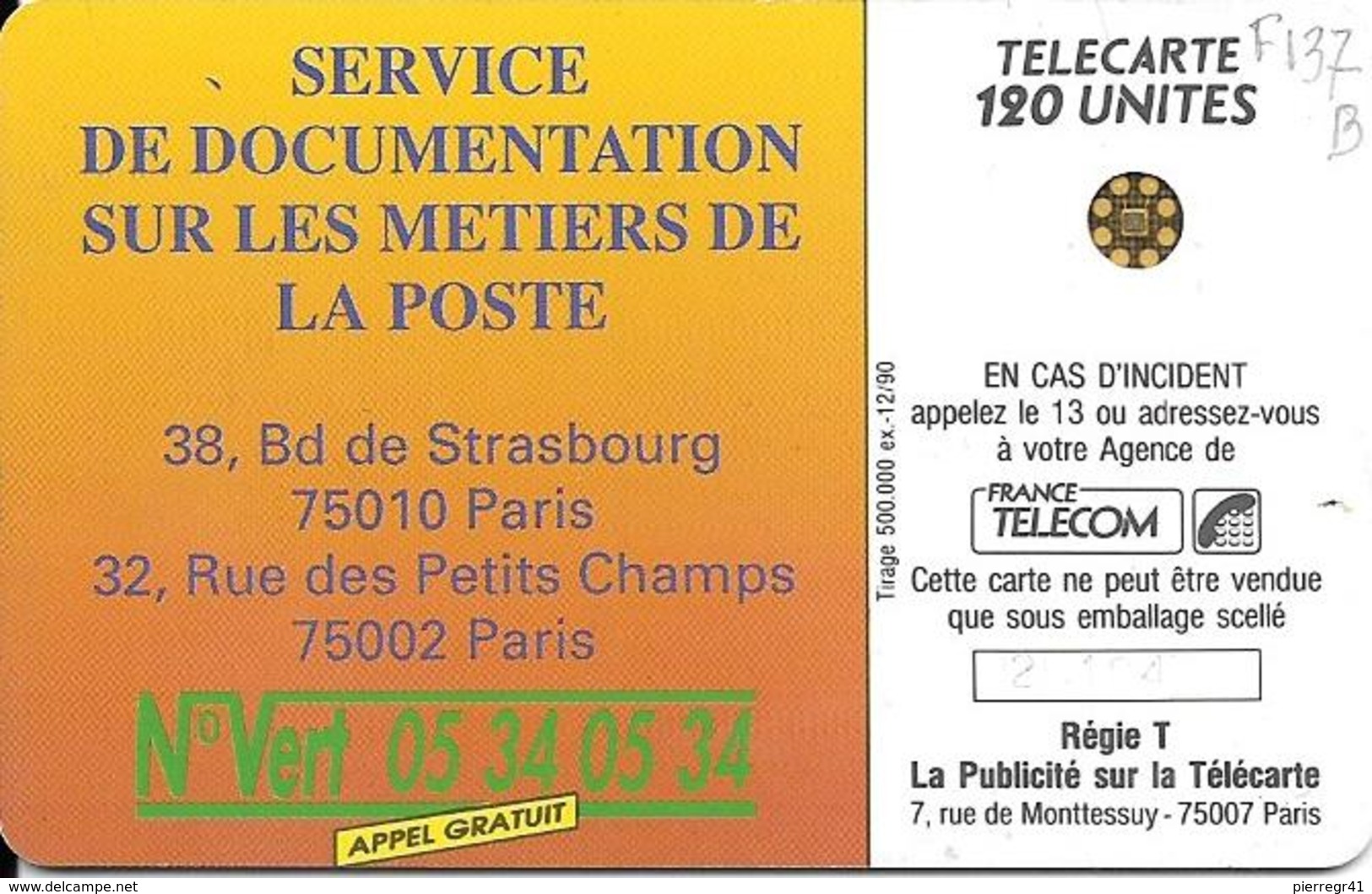 CARTE-PUBLIC-F-137B.520-1990-120U-SC5 An-Trou 6-LA POSTE-Ile De France-5 Ge 20194-UTILISEE-  TBE- - 1990