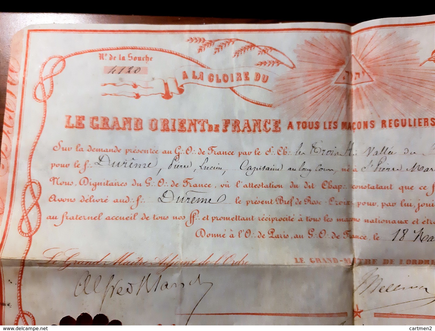 FRANC MACONNERIE DIPLOME DU GRAND ORIENT 1869 VELIN CACHET CIRE ROSE-CROIX LE HAVRE ST-PIERRE-MARTINIQUE Franc-maçon - Historische Dokumente