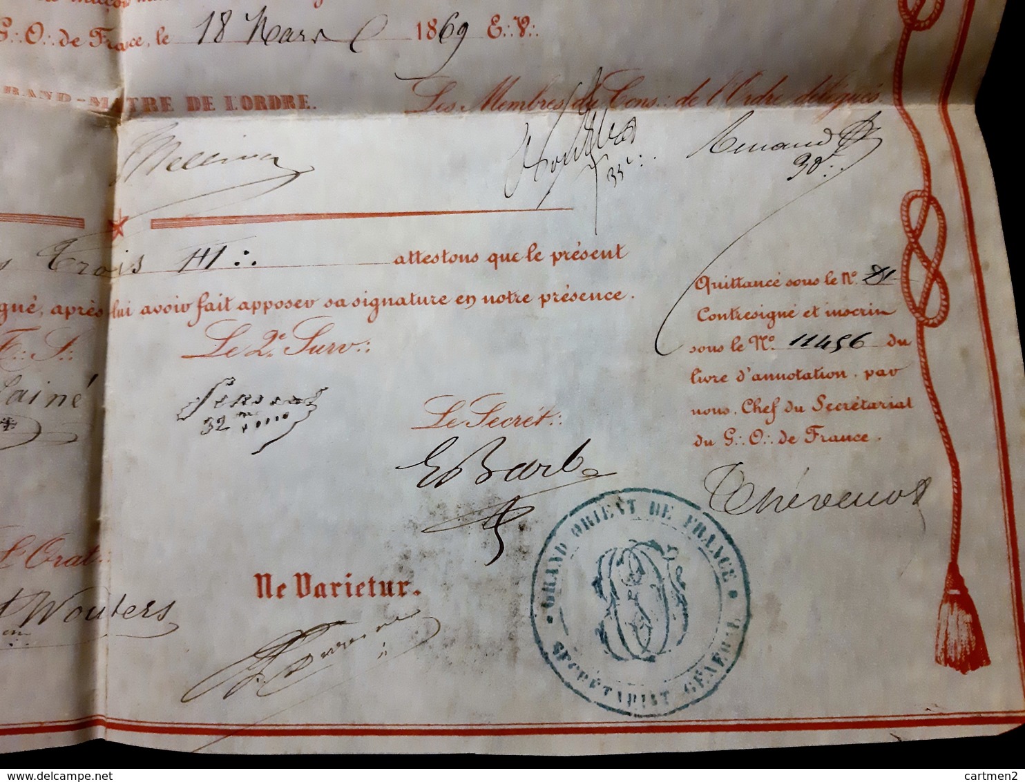 FRANC MACONNERIE DIPLOME DU GRAND ORIENT 1869 VELIN CACHET CIRE ROSE-CROIX LE HAVRE ST-PIERRE-MARTINIQUE Franc-maçon - Historische Dokumente