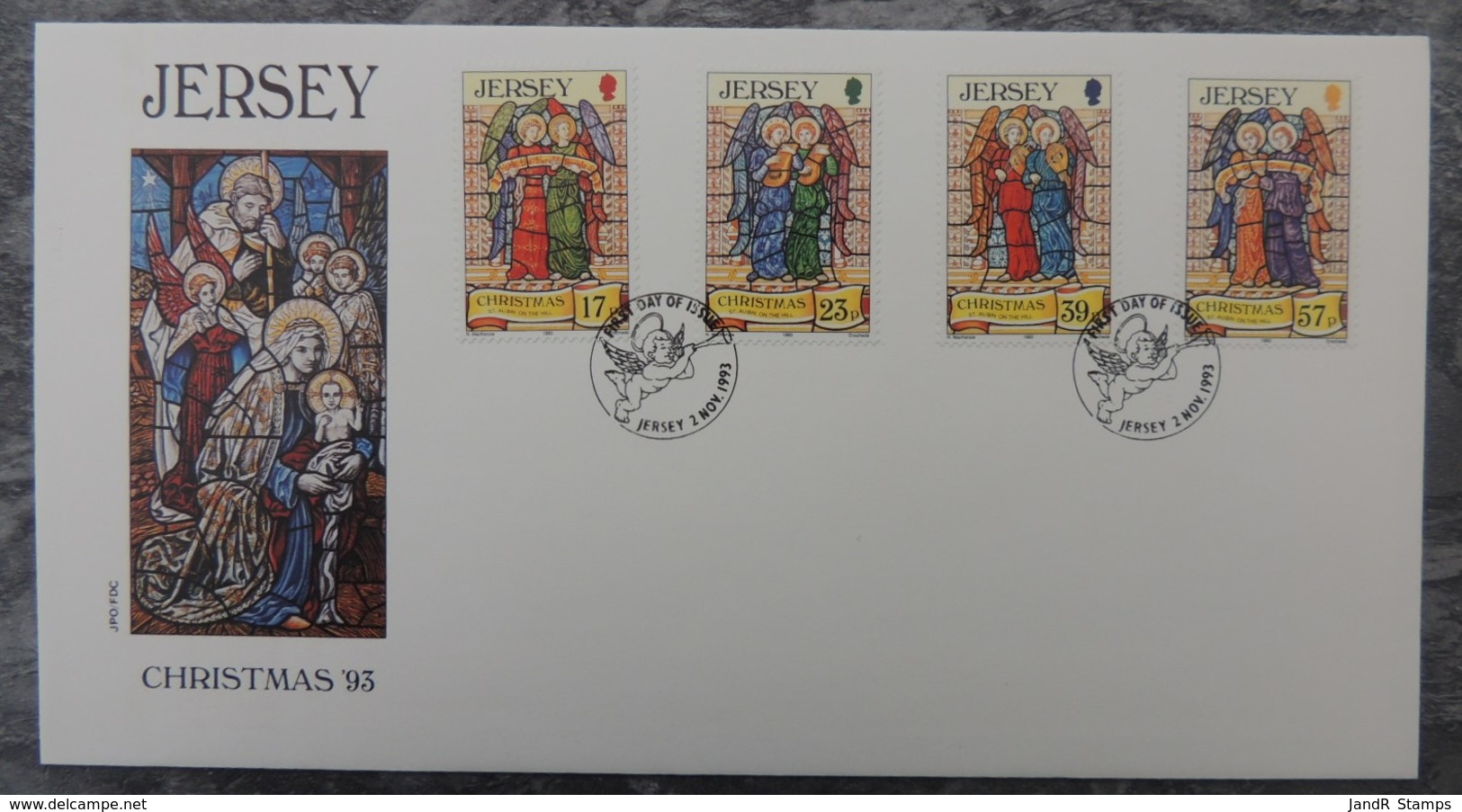 Jersey 1993 Christmas Stained Glass Windows FDC 4 Values  Angels - Jersey