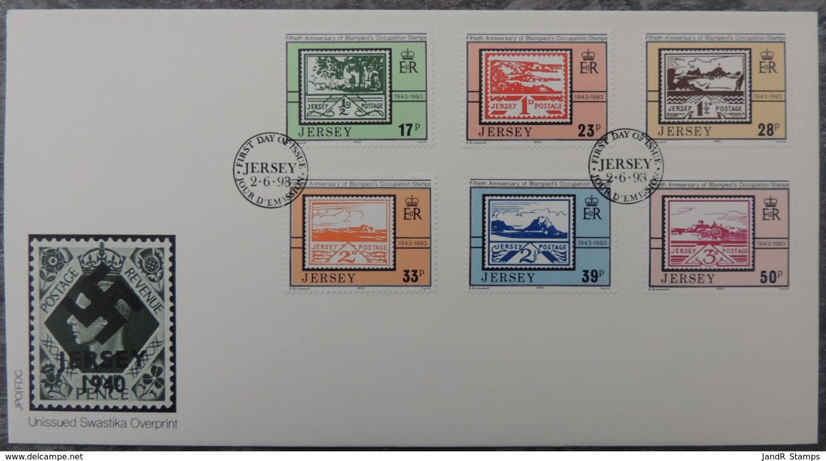 Jersey 1993 Occupation Blampied FDC 6 Values  Stamp On Stamp Postal History - Jersey