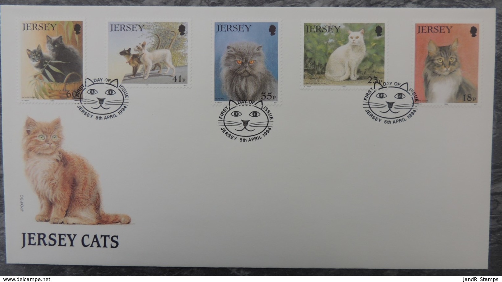 Jersey 1994 Cat Club FDC 5 Values  Animals Cats Siamese Persian Shorthair Maine Coon - Jersey