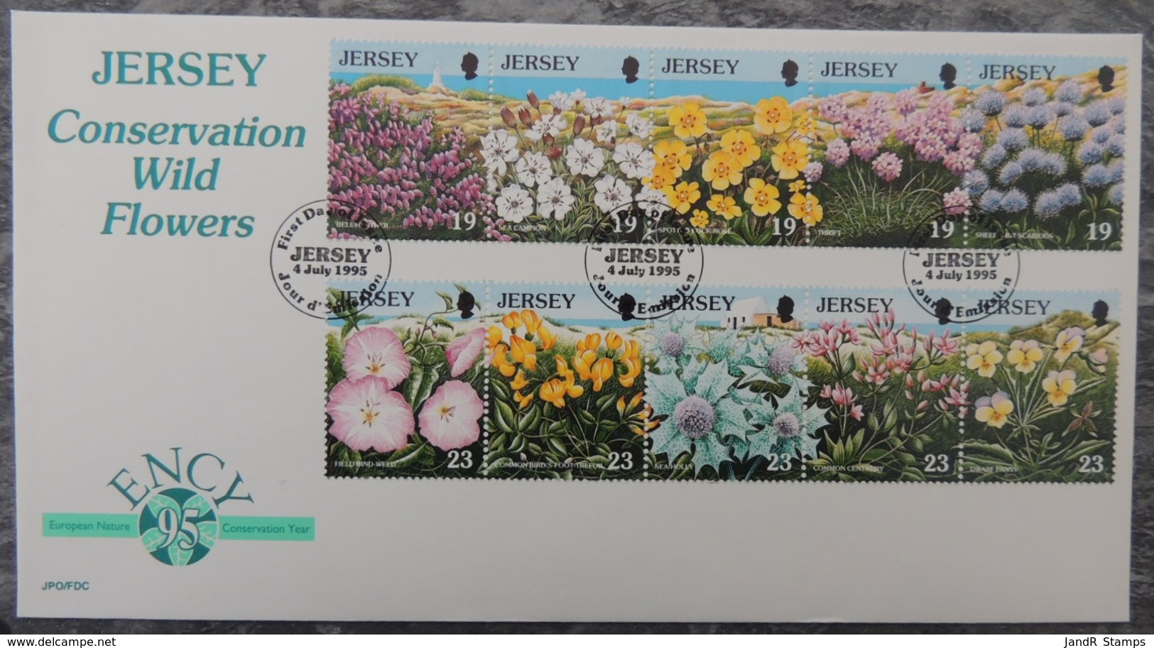 Jersey 1995 Wild Flowers FDC 2 Strips Of 5 Heather Campion Rock-rose Thrift Bind-weed Sea-holly Centaury Pansy - Jersey