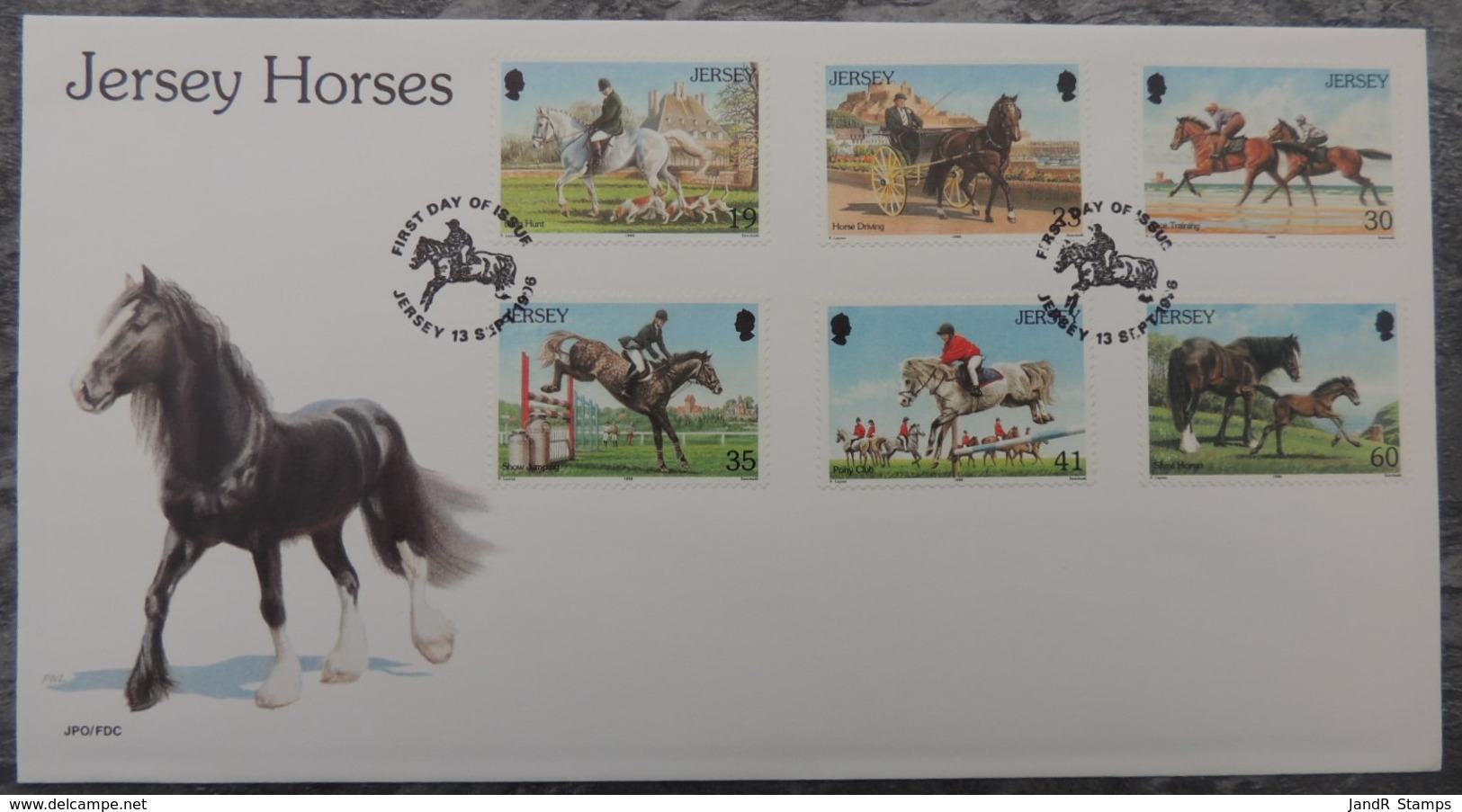 Jersey 1996 Horses FDC 6 Values  Hunting Animals Racing Show-jumping Pony And Trap - Jersey