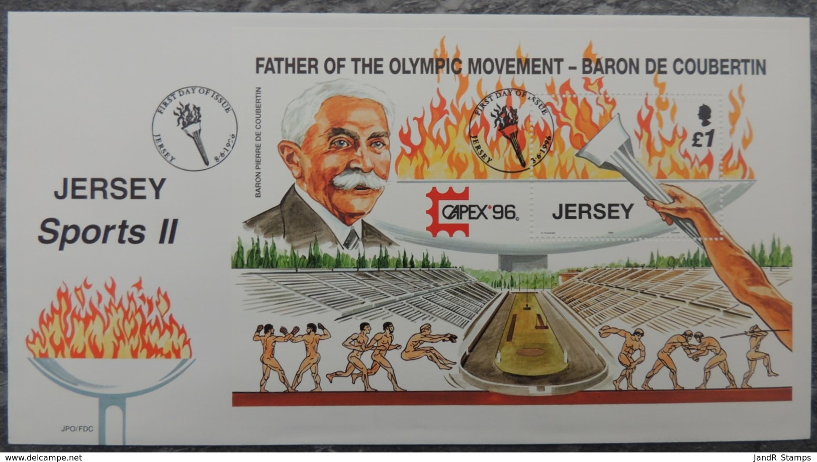 Jersey 1996 Olympics Capex '96' Miniature Sheet M/s  Stamp Exhibition Coubertin - Jersey