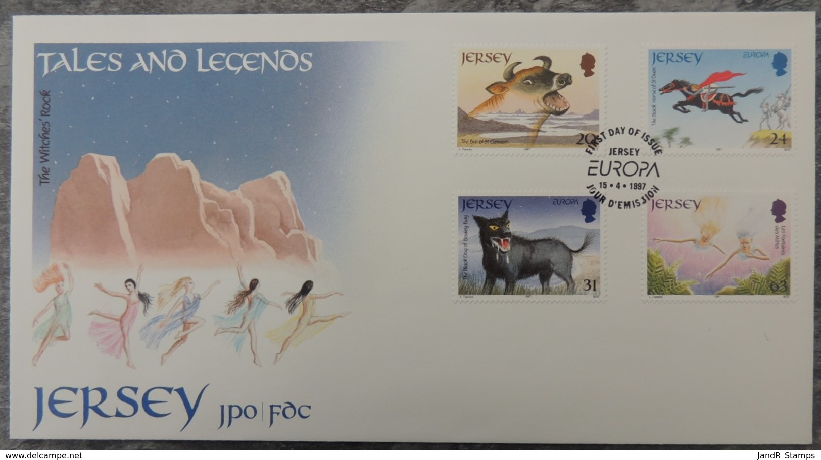 Jersey 1997 Europa Tales And Legends FDC 5 Values  Bull Bovine Horses Animals Dogs Fairies - Jersey