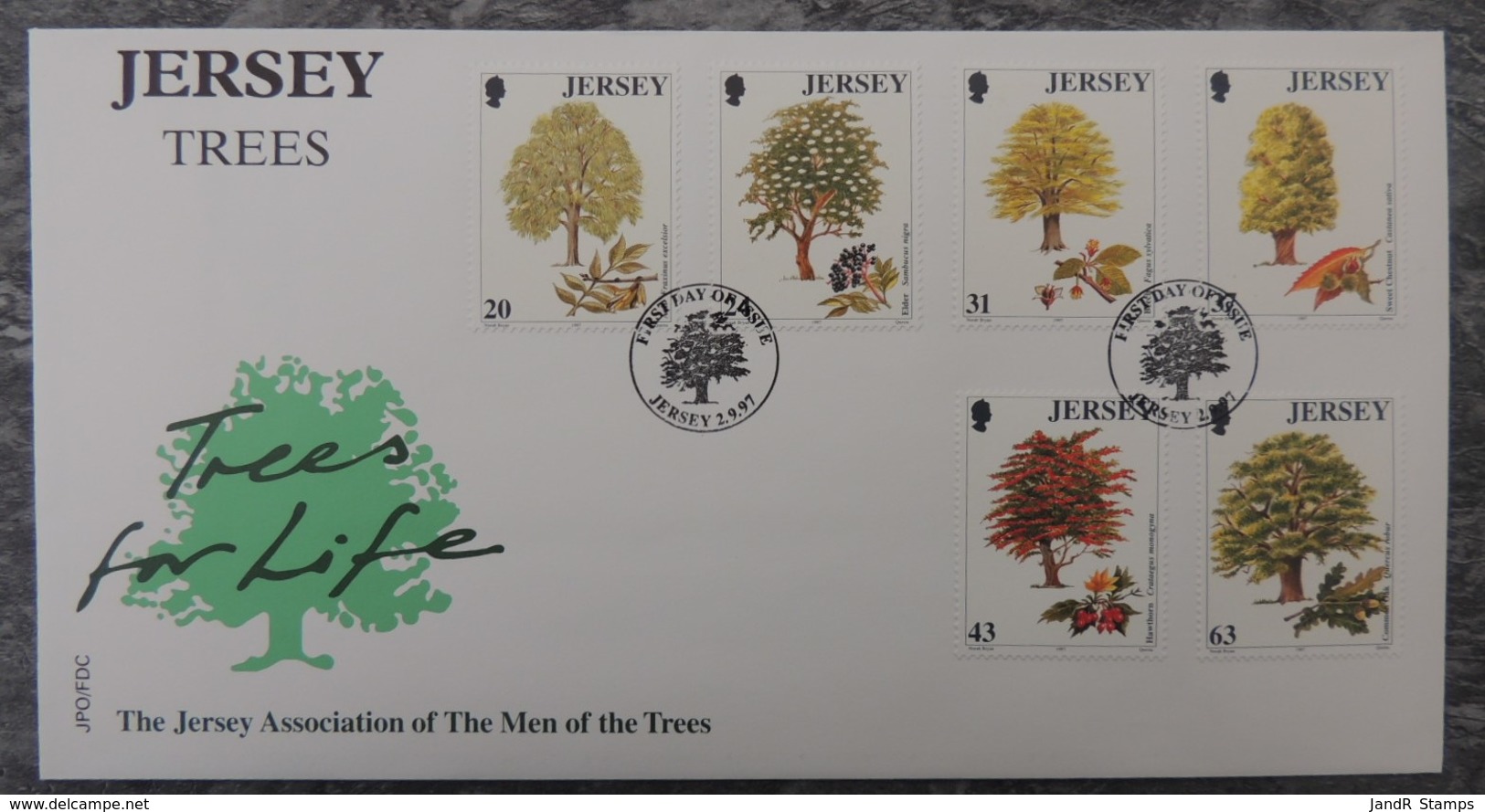 Jersey 1997 Trees FDC 6 Values  Ash Elder Beech Chestnut Hawthorn Oak - Jersey