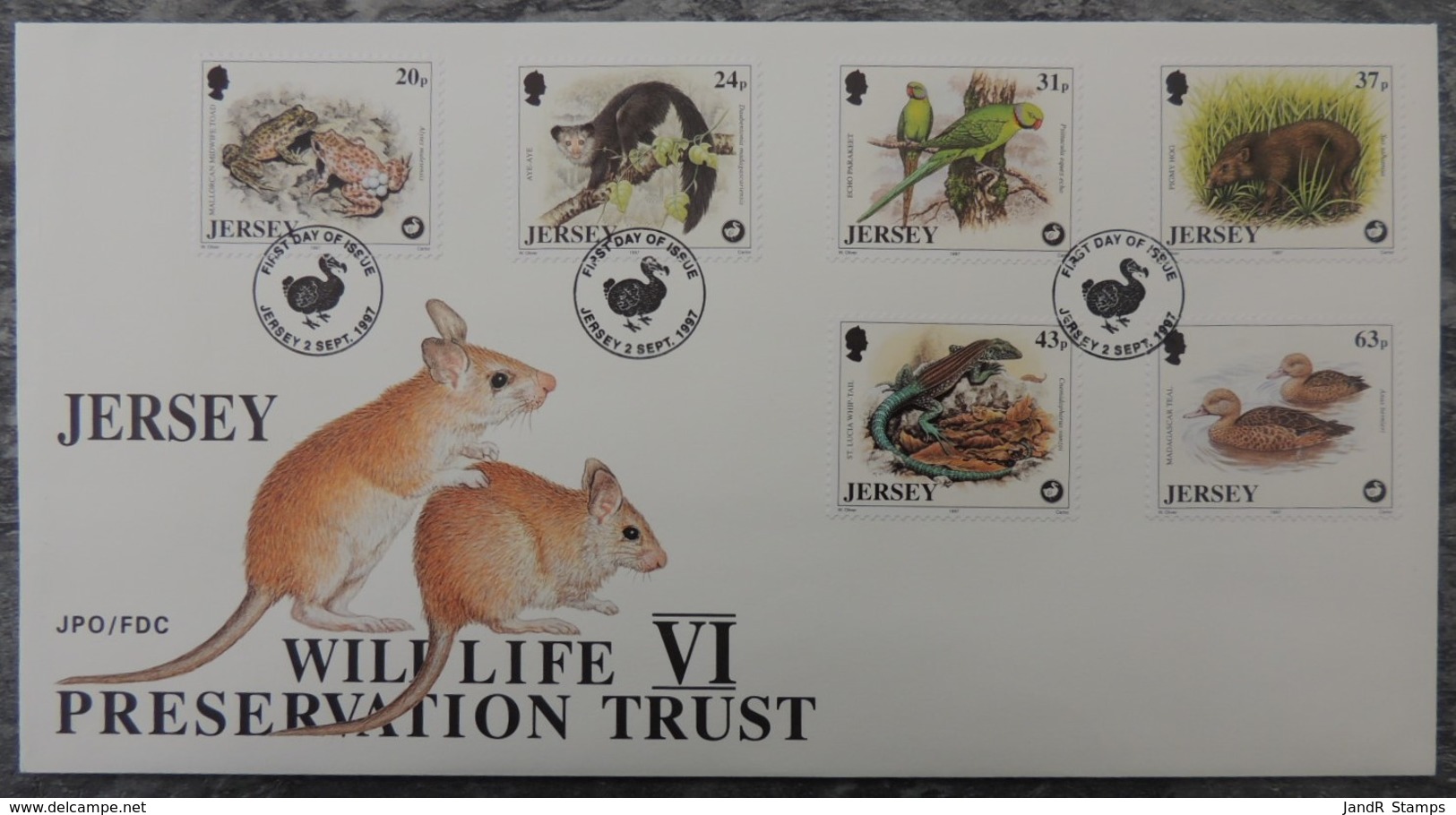 Jersey 1997 Wildlife Preservation Trust FDC 6 Values  Animals Toad Parakeet Teal Whiptail Lizard Hog Birds - Jersey