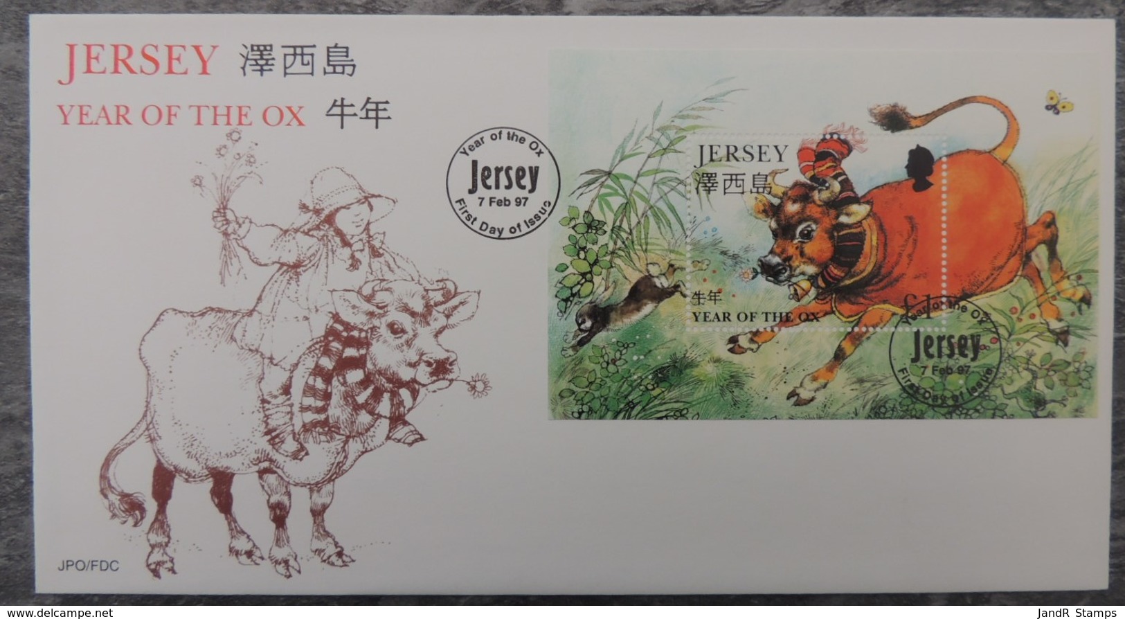 Jersey 1997 Year Of The Ox Miniature Sheet M/s FDC  Bovine Rabbit Stamp Exhibition - Jersey