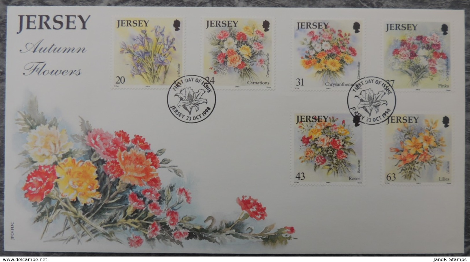 Jersey 1998 Flowers FDC 4 Values  Irises Carnations Chrysanthemums Pinks Roses Lilies - Jersey