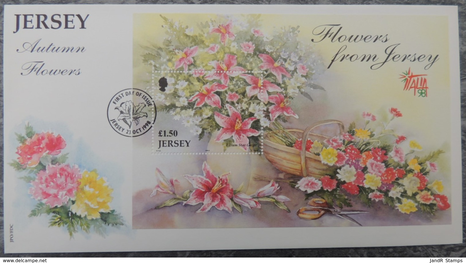 Jersey 1998 Flowers Miniature Sheet M/s 1 Value £1.50 FDC  Stamp Exhibitions - Jersey