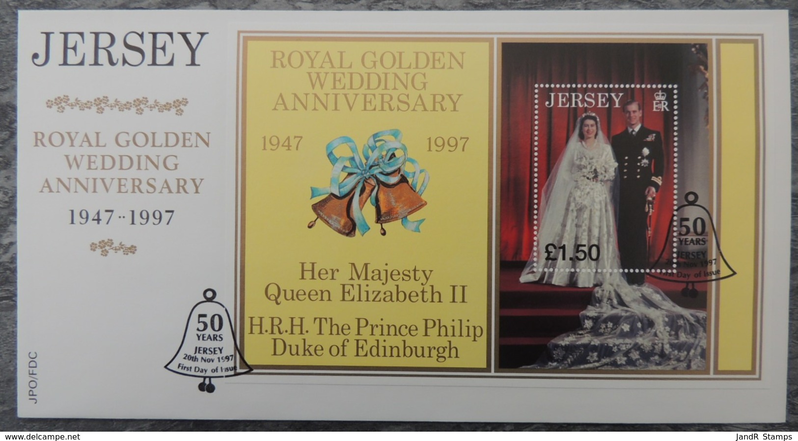 Jersey 1998 Golden Royal Wedding Miniature Sheet M/s 1 Value £1 FDC  Royalty QEII Bells - Jersey