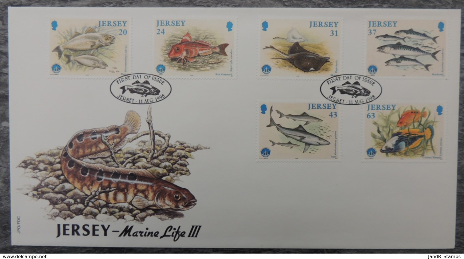 Jersey 1998 Year Of Oceans Fishes FDC 6 Values  Bass Gurnard Skate Mackerel Tope Cuckoo Wrasse - Jersey