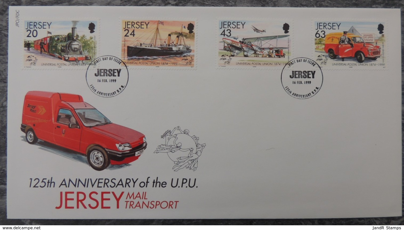 Jersey 1999 125th Anniversary Of The UPU FDC 4 Values  Aviation Railways Ships Postal Aircraft - Jersey