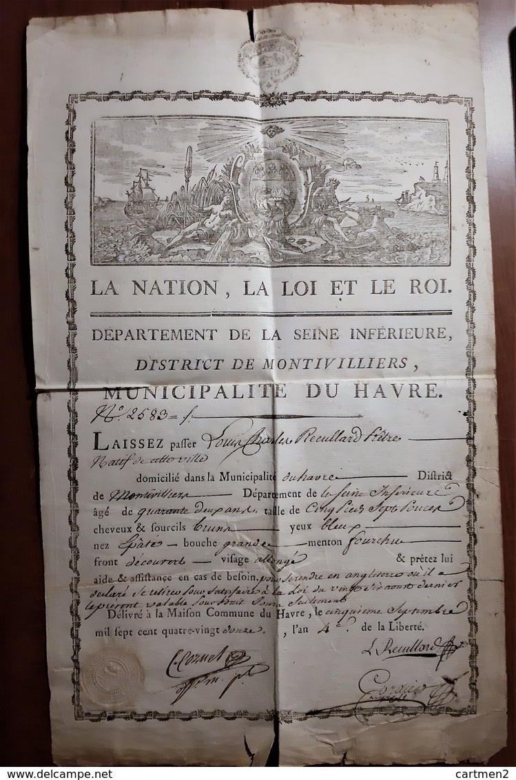 LAISSER-PASSER L'AN 4 MONTIVILLIERS LE HAVRE SEINE-INFERIEURE PRETRE LOUIS CHARLES RECULARD PASSEPORT Beau Cartouche - Historische Documenten