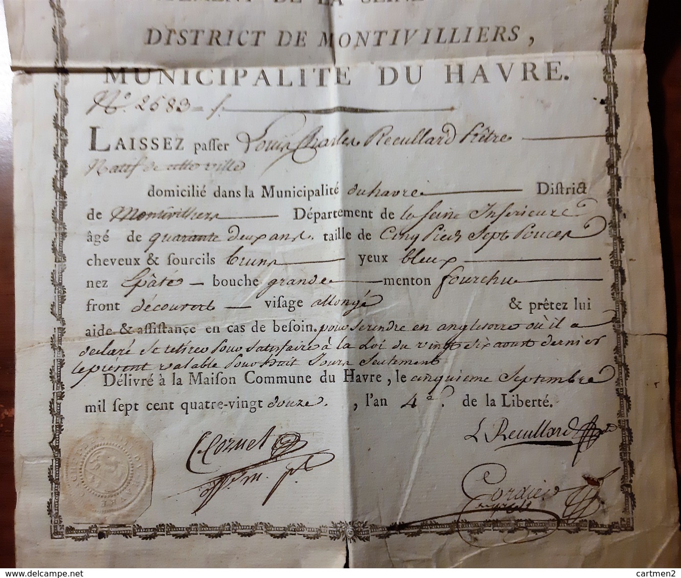 LAISSER-PASSER L'AN 4 MONTIVILLIERS LE HAVRE SEINE-INFERIEURE PRETRE LOUIS CHARLES RECULARD PASSEPORT Beau Cartouche - Historische Documenten