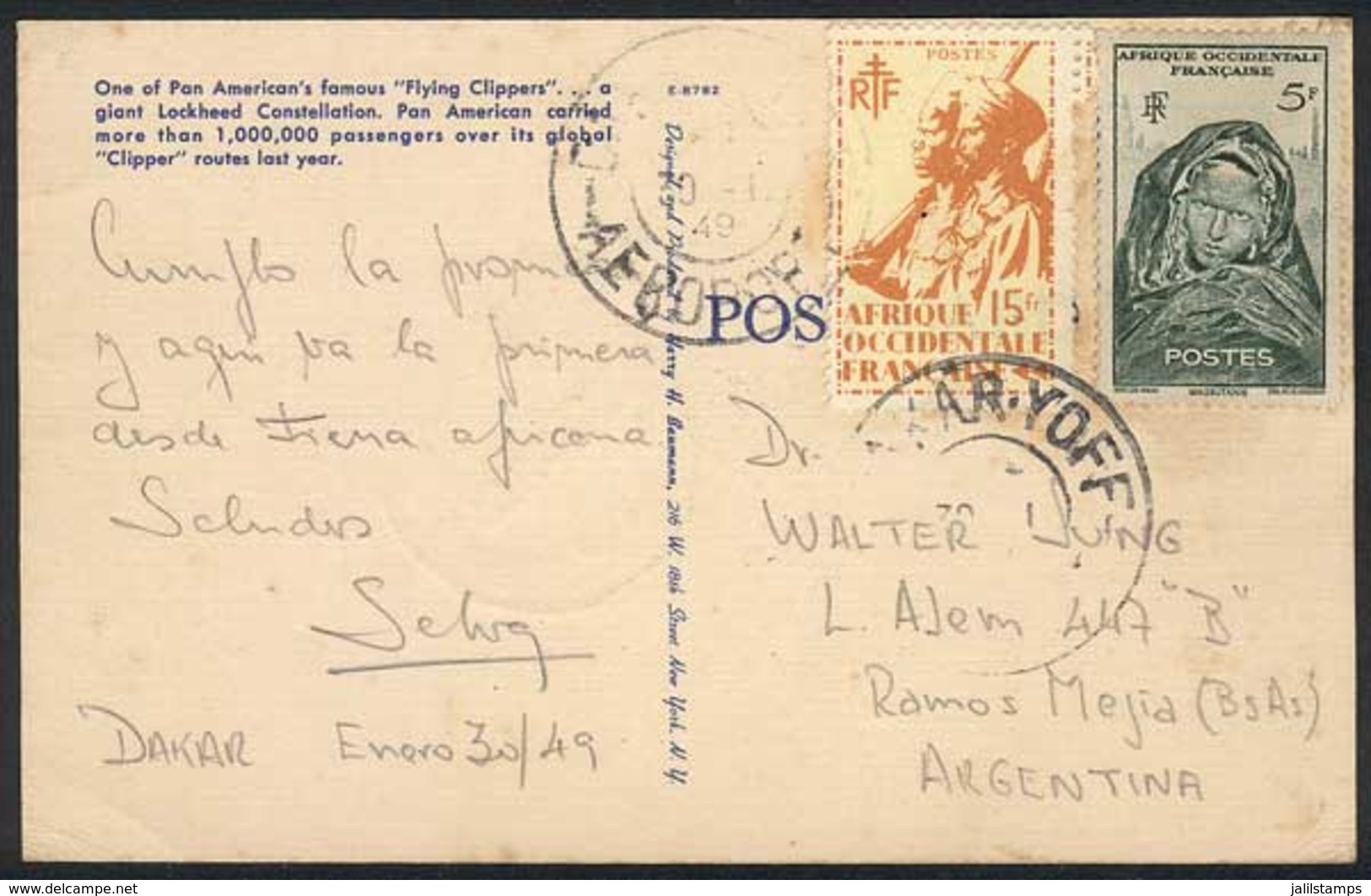 FRENCH WEST AFRICA: Postcard (PAN AM Lockheed Constellation Airplane) Sent From DAKAR-YOFF To Argentina On 30/JA/1949, V - Other & Unclassified