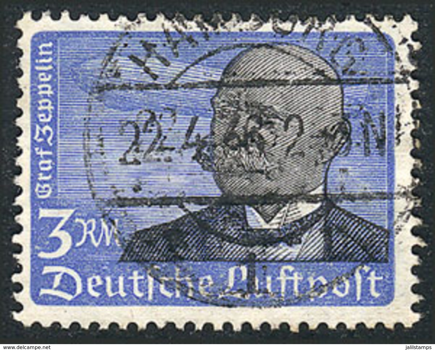 GERMANY: Michel 539y, 1934 Graf Von Zeppelin 3Rm. HORIZONTAL Gum (horizontal Ribbed Paper), Used, Very Fine Quality, Mic - Gebruikt