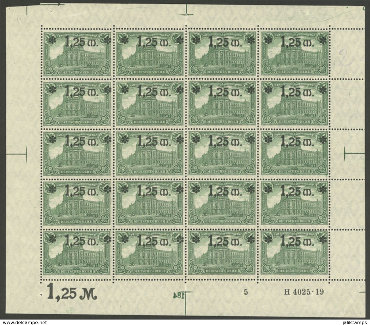 GERMANY: Sc.115, 1920 1.25Mk. On 1Mk. Green, Complete Sheet Of 20 MNH Stamps, Folded Vertically In Half, Along Perforati - Used Stamps