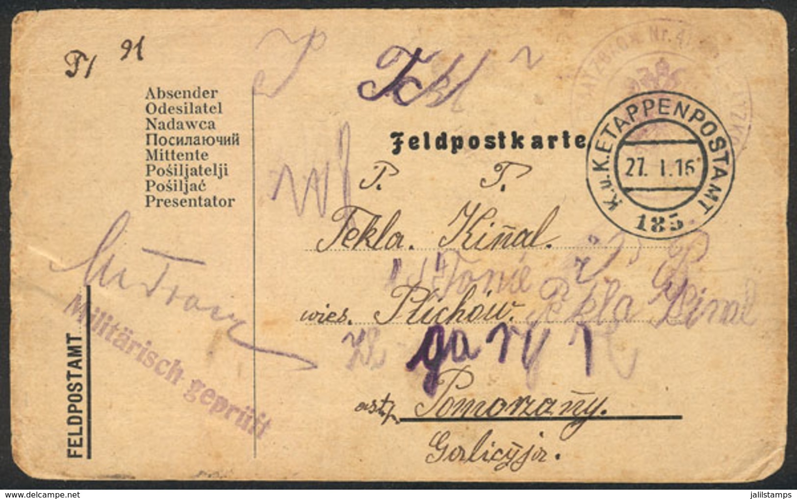 GERMANY: FELDPOST Postcard With Interesting "K.u.K. ETAPPEN POSTAMT" Postmark Of 27/JA/1916 - Altri & Non Classificati