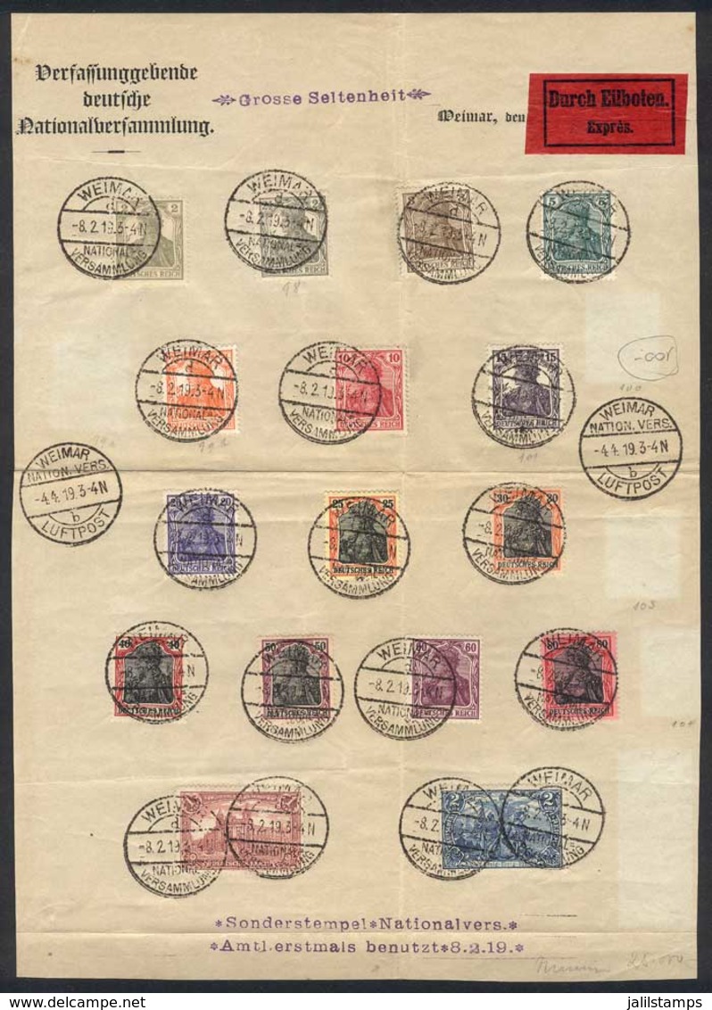 GERMANY: Page With 16 Stamps Of The Period With Special Postmark Of 8/FE/1919: WEIMAR - NATIONAL VERSAMMLUNG, Fine Quali - Sonstige & Ohne Zuordnung