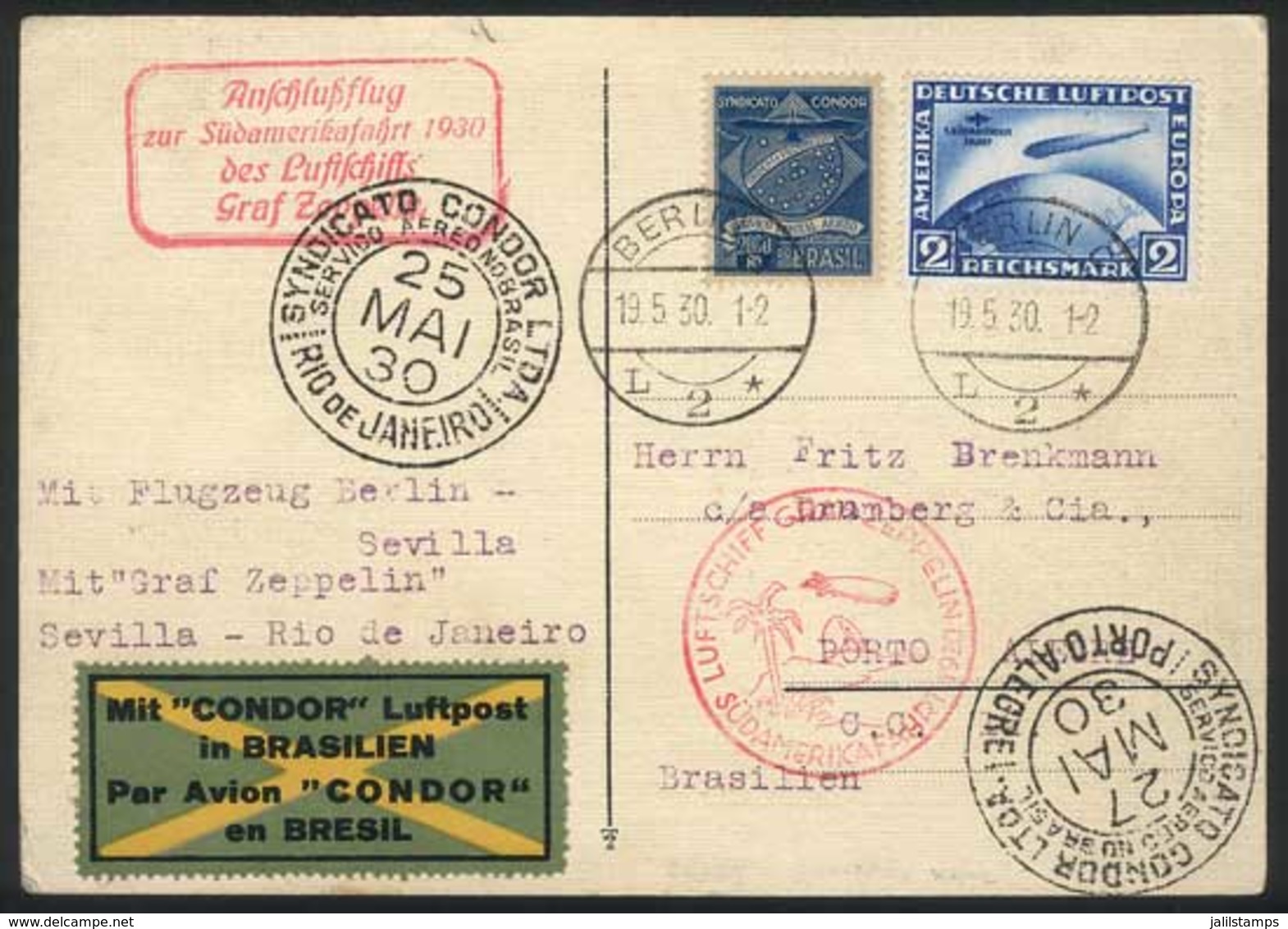 GERMANY: Berlin (19/MAY/1930) - Porto Alegre (27/MAY): Postcard Franked With German Stamp Of 2RM. Blue Of Südamerika Fah - Otros & Sin Clasificación