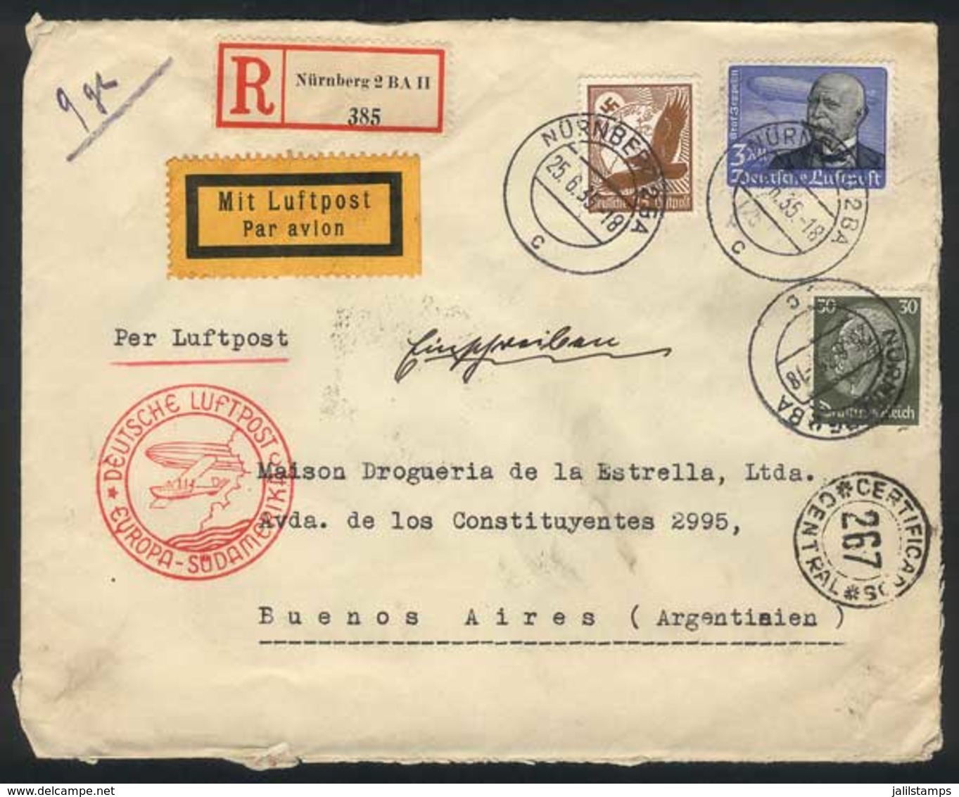 GERMANY: Cover Sent From Nürnberg To Argentina On 25/JUN/1935 By Registered Air Post, Franked With RM 3.55, Very Fine Qu - Andere & Zonder Classificatie