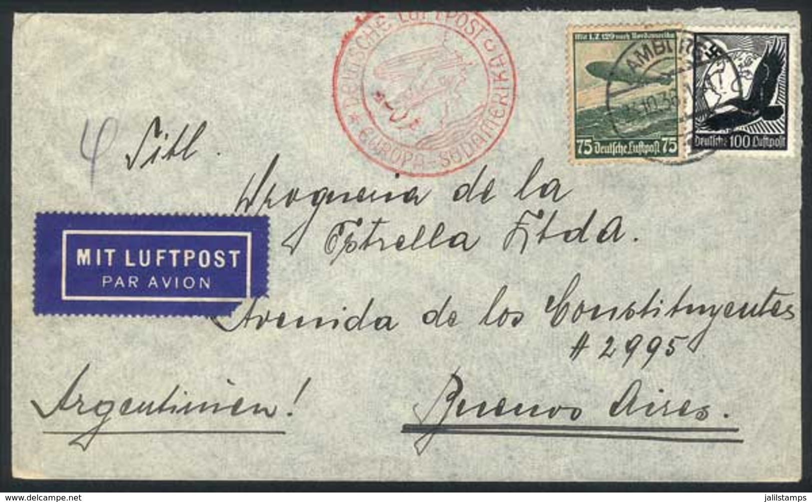 GERMANY: Air Mail Cover Sent To Argentina On 24/OC/1936, Franked With RM 1.75, VF Quality - Other & Unclassified