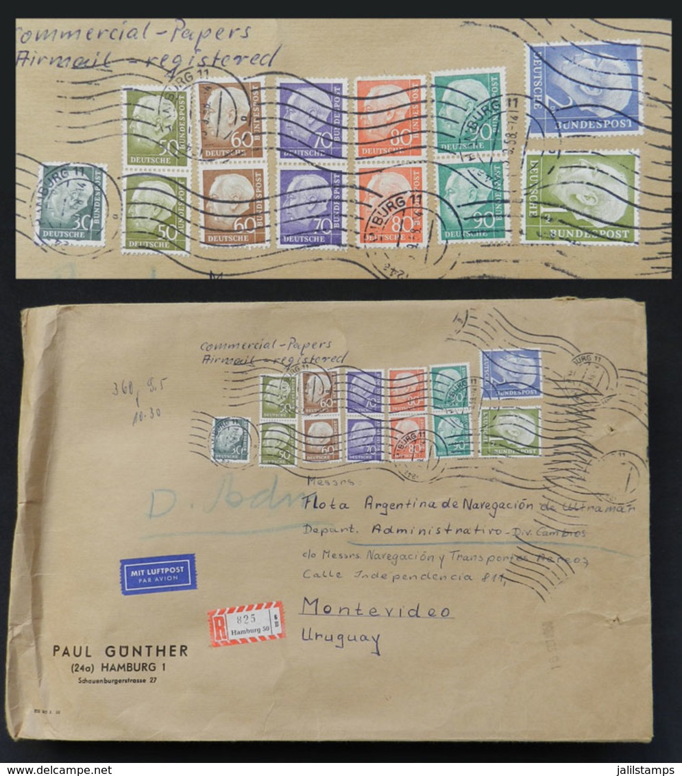 GERMANY: Large Cover Sent By Registered Air Post To Uruguay On 13/SE/1958, With Colorful Postage Of DM 10.30 (8 Differen - Otros & Sin Clasificación