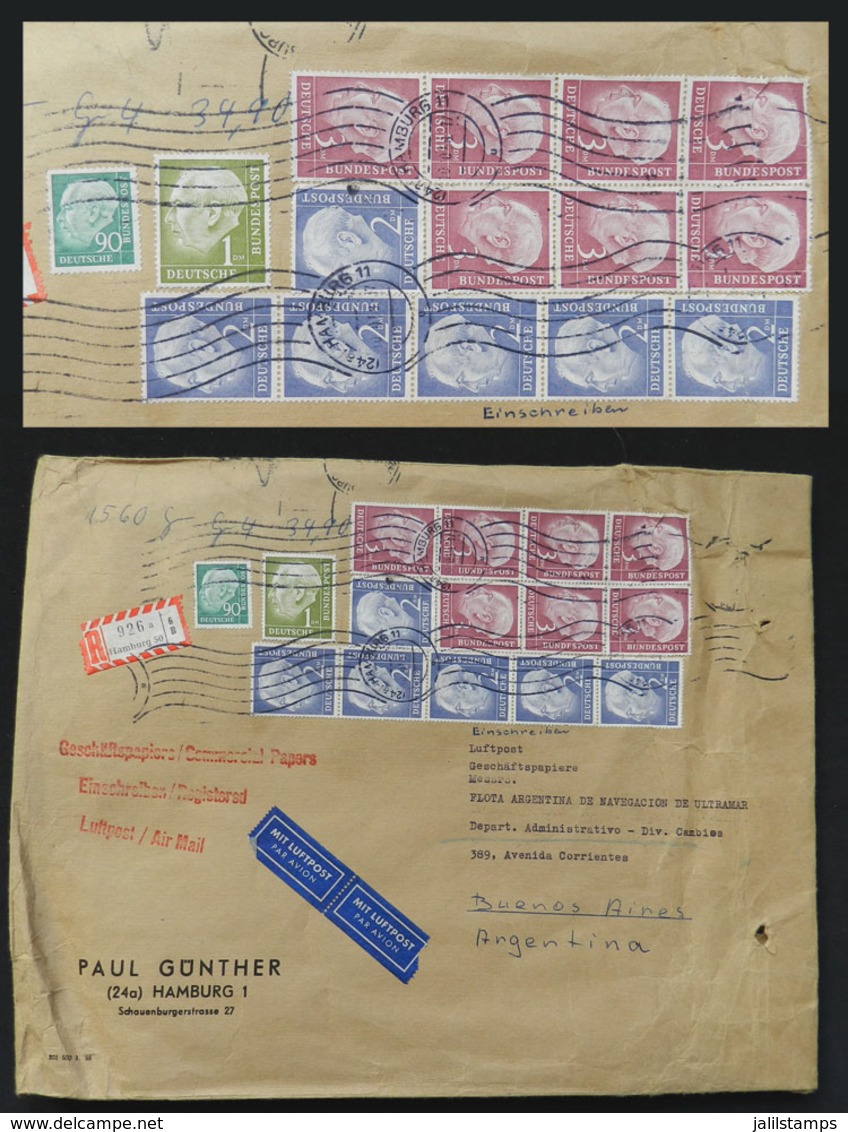 GERMANY: Large Cover Sent By Registered Air Post To Argentina On 10/OC/1958, Franked With DM 34.90 That Includes A Block - Other & Unclassified