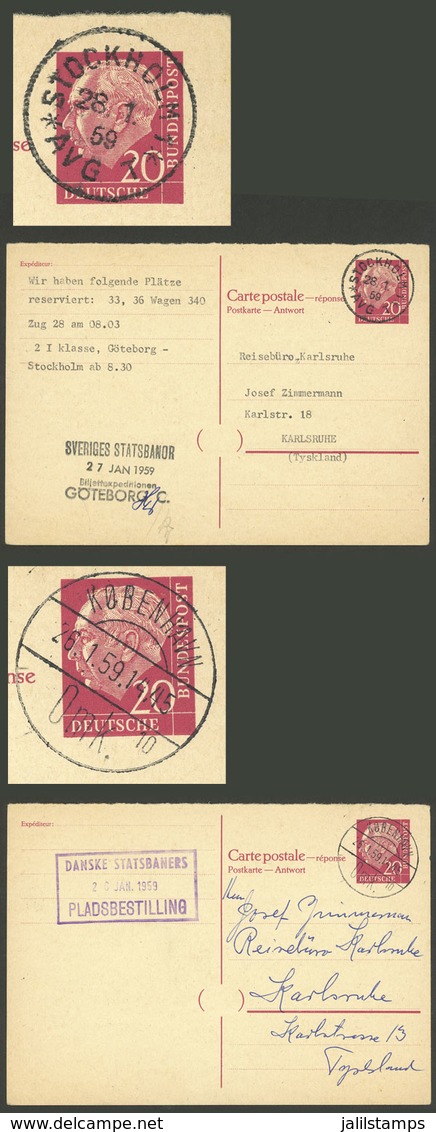 WEST GERMANY: 2 Reply Paid Postal Cards Sent From Denmark And Sweden To Karlsruhe In JA/1959, With Very Well Applied Dis - Covers & Documents