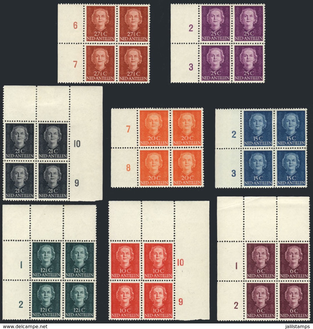 NETHERLANDS ANTILLES: Yvert 202/15 (not Consecutive), 1950/4 Queen Juliana, 8 Values Of The Set In Mint Blocks Of 4, Mos - Curaçao, Antille Olandesi, Aruba