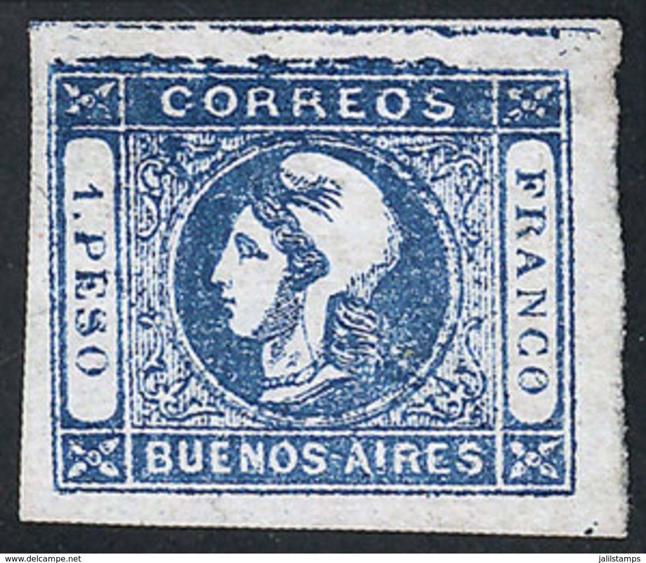 ARGENTINA: GJ.17, 1P. Blue, Splendid Mint Example WITH TOP SHEET MARGIN, Very Fresh And Attractive, Excellent Quality! - Buenos Aires (1858-1864)