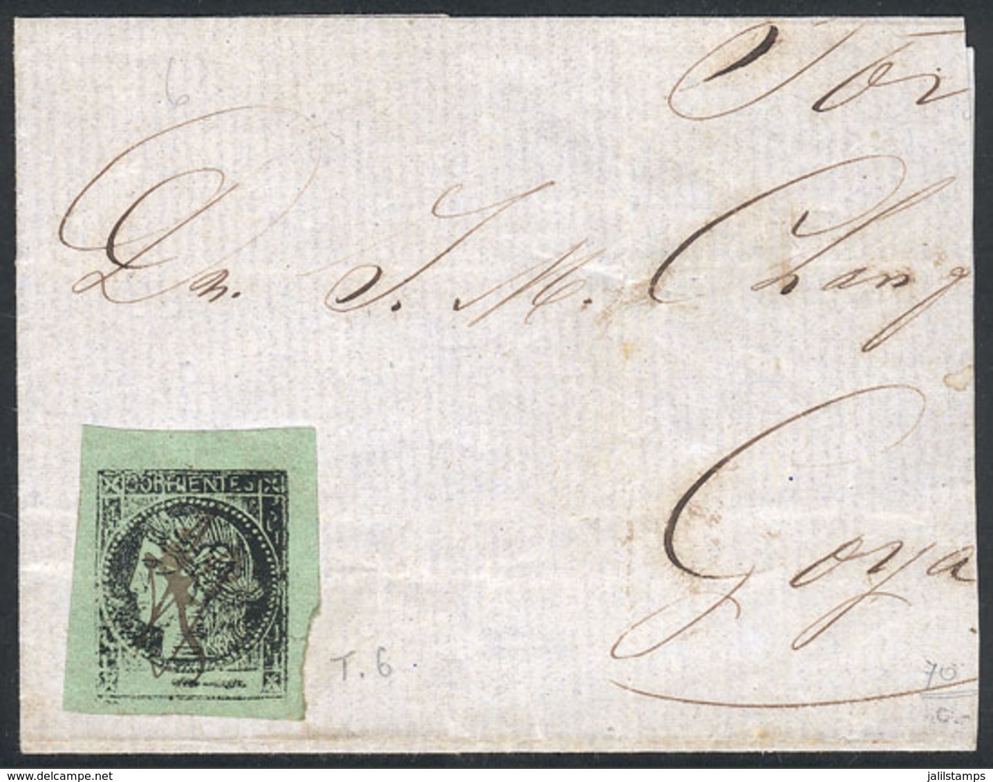 ARGENTINA: GJ.4, Yellow-green, Beautiful Single Of Very Wide Margins, On Large Part Of A Folded Cover, With An Attractiv - Corrientes (1856-1880)