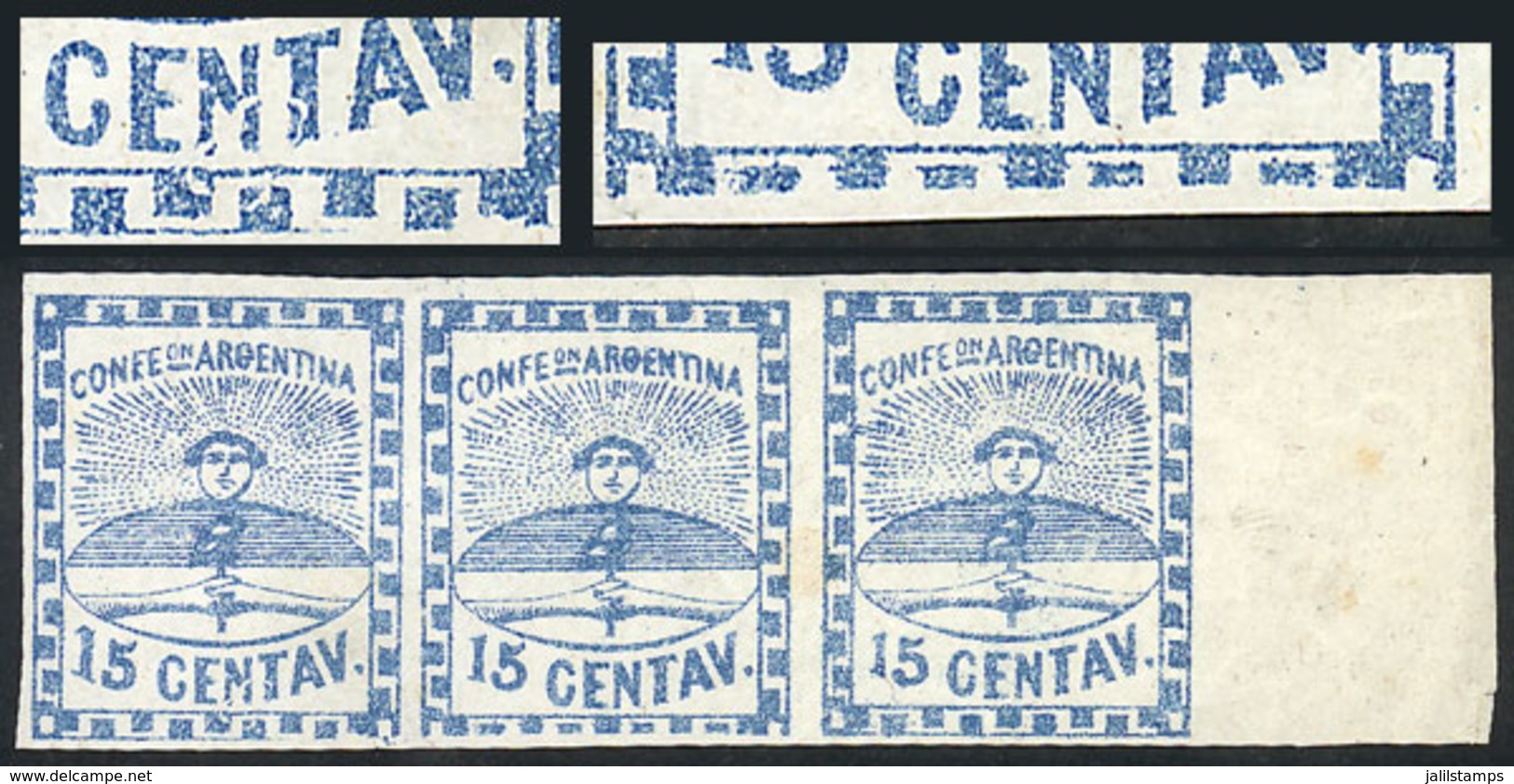 ARGENTINA: GJ.3f, 15c. Small Figures, Strip Of 3, The Central Stamp With Variety "Greek Pattern Incomplete And Lower Fra - Unused Stamps