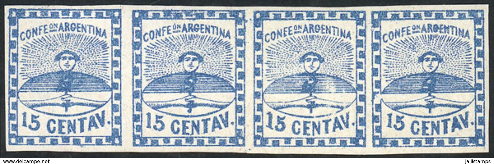 ARGENTINA: GJ.3, 15c. Small Figures, Strip Of 4 With Very Nice Varieties: Greek Pattern At Top Defective" (2nd Stamp), A - Unused Stamps