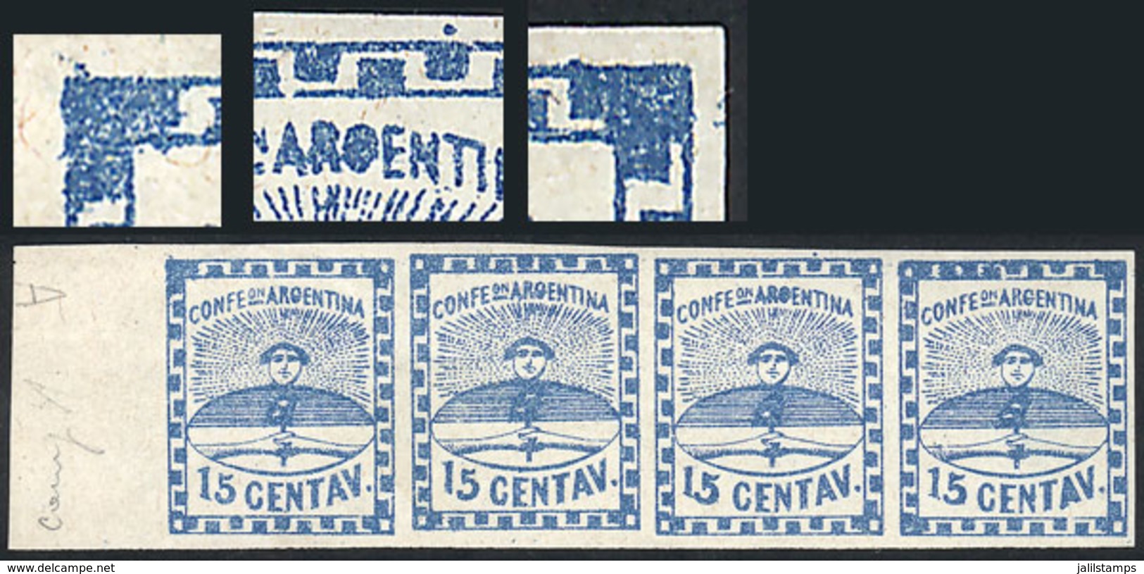 ARGENTINA: GJ.3, 15c. Small Figures, Strip Of 4 With Very Nice Varieties In The 3rd Stamp: AROENTINA" And "spot In The T - Unused Stamps