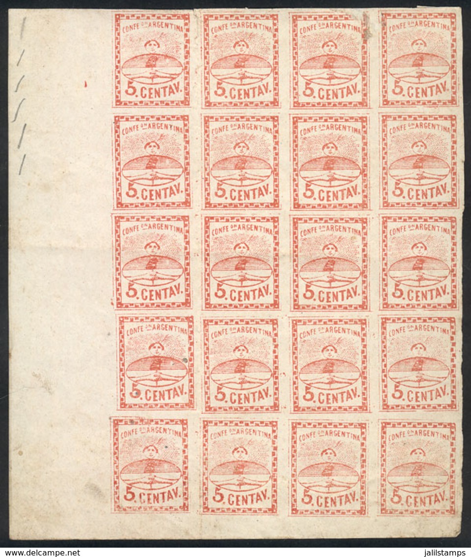 ARGENTINA: GJ.4 + 4d, 5c. Large Figures, Corner Block Of 20, The 5 Stamps On The Right With Variety "Line Below The EN I - Unused Stamps