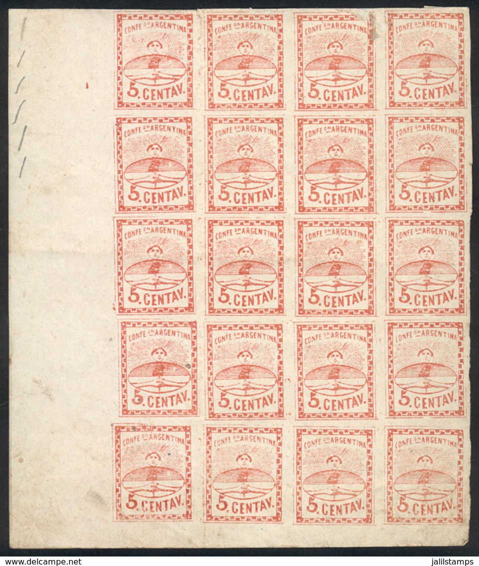 ARGENTINA: GJ.4 + 4d, 5c. Large Figures, Corner Block Of 20, The 5 Stamps On The Right With Variety "Line Below The EN I - Ongebruikt