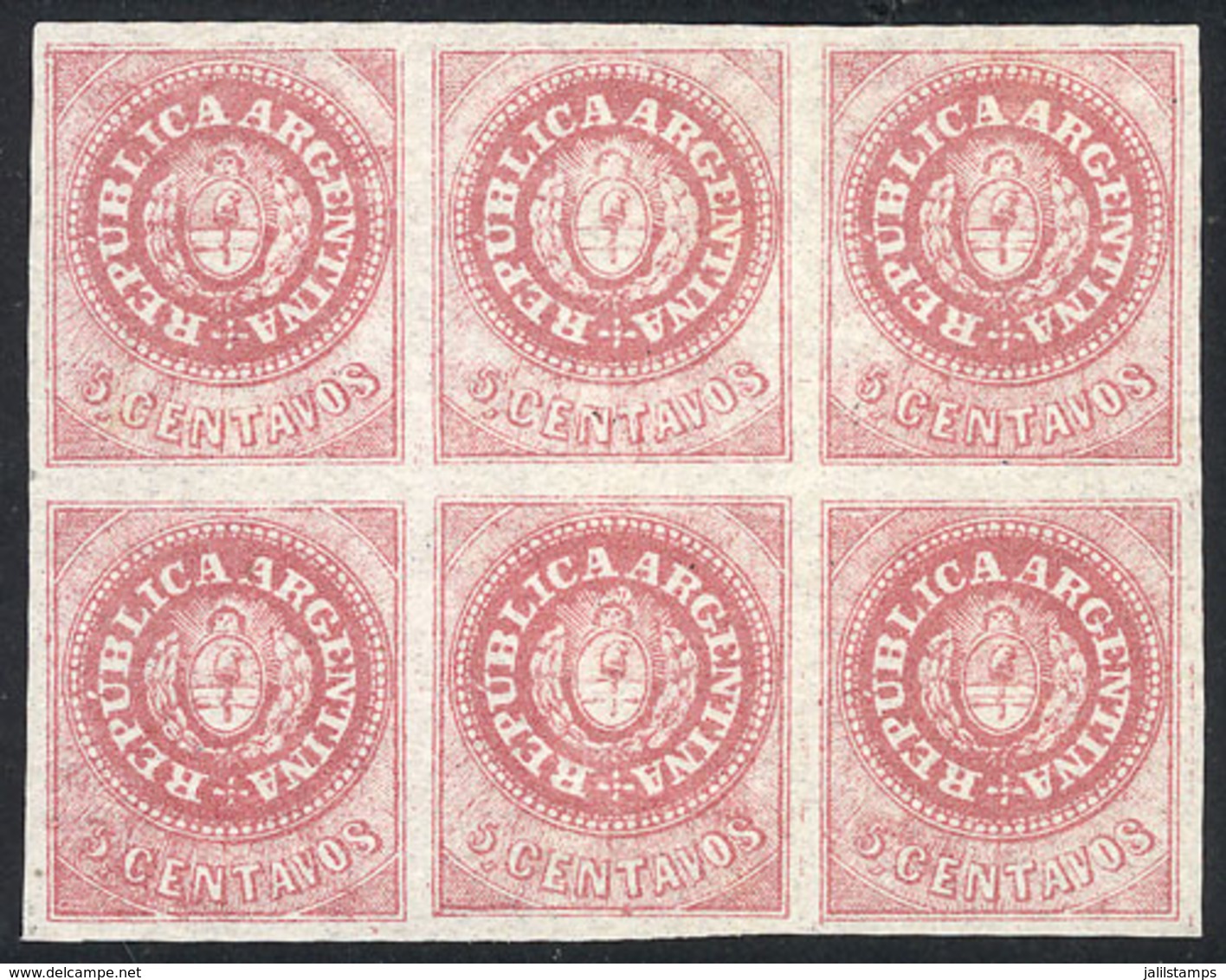 ARGENTINA: GJ.7, 5c. Rose, Beautiful Mint Block Of 6 Stamps, With Plate WEAR, Excellent Quality! - Nuovi