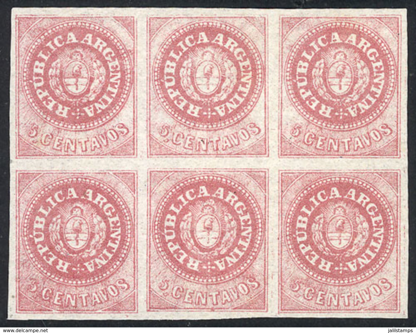 ARGENTINA: GJ.7, 5c. Rose, Beautiful Mint Block Of 6 Stamps, With Plate WEAR, Excellent Quality! - Unused Stamps