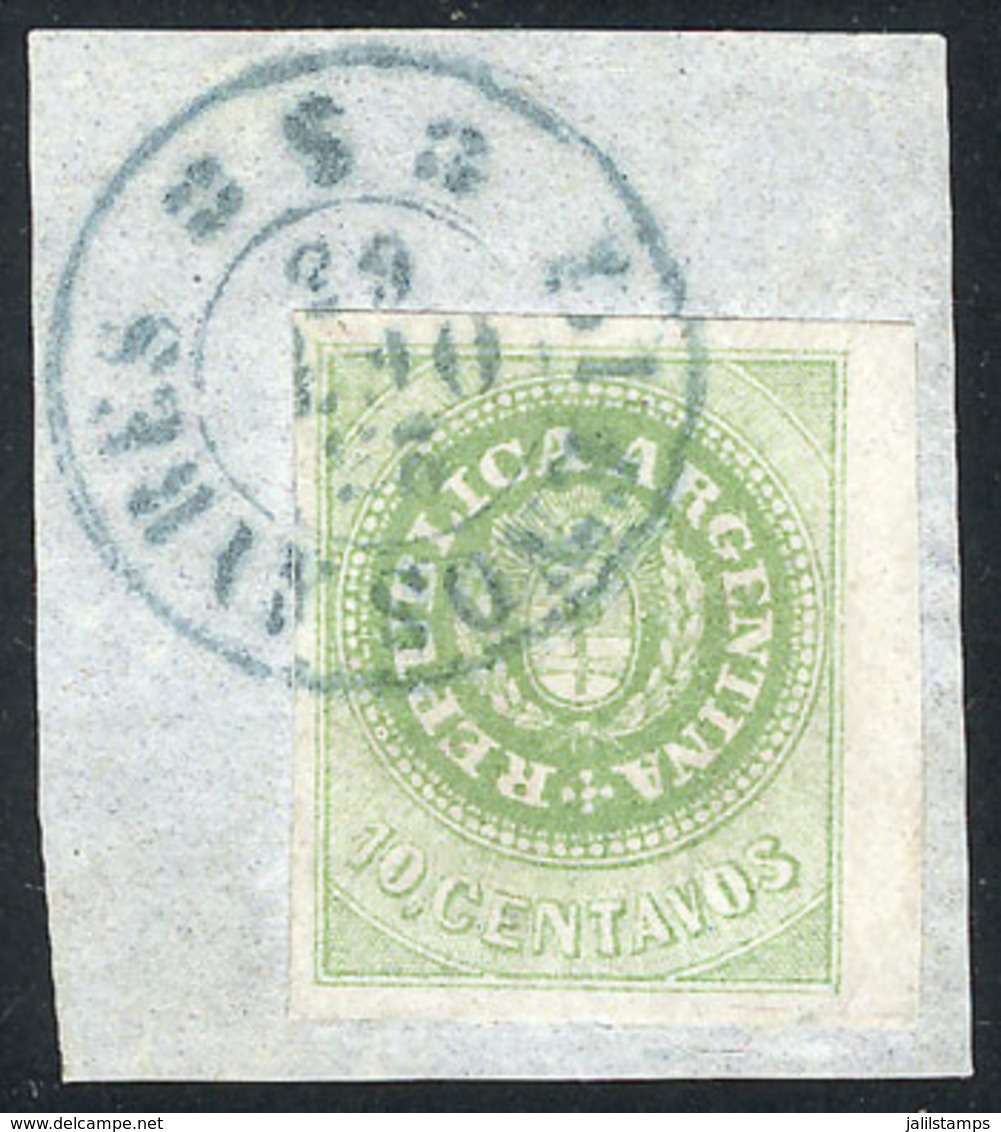 ARGENTINA: GJ.8, 10c. Yellow-green, With Very Wide Margins, On Fragement Used In Buenos Aires On 23/OC/1863, Fresh, Good - Ongebruikt
