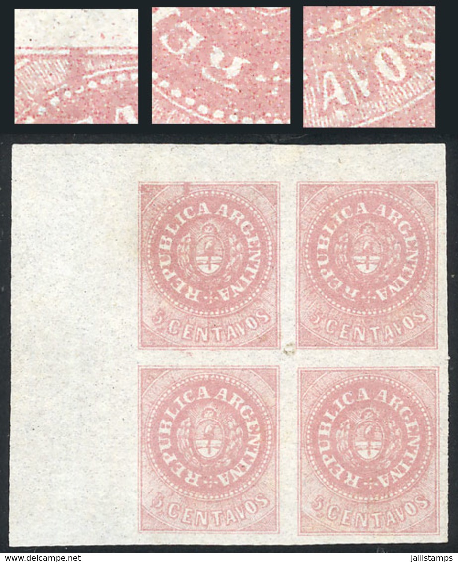 ARGENTINA: GJ.10, 5c. Rose, Without Accent, Corner Block Of 4 With VARIETIES: Dark Spot On The Top Margin, Above The C"  - Ongebruikt