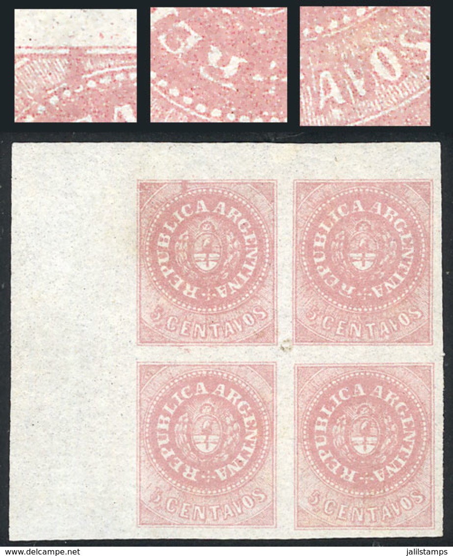 ARGENTINA: GJ.10, 5c. Rose, Without Accent, Corner Block Of 4 With VARIETIES: Dark Spot On The Top Margin, Above The C"  - Unused Stamps